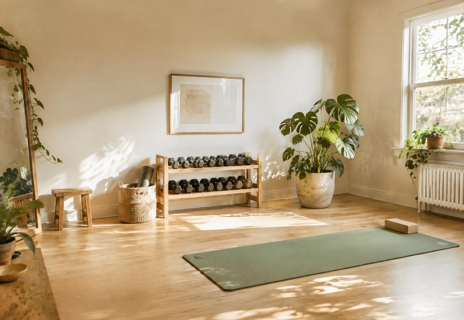 Sunlit minimalist home gym with dumbbells and a sage yoga mat